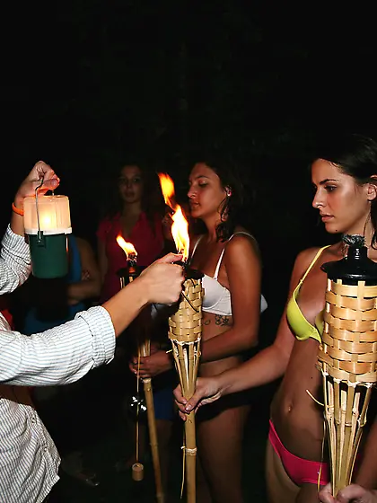 Group naked girls blindfolds