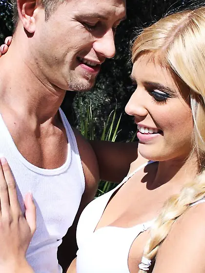 Innocent looking blonde with beautiful blue eyes seduces her han