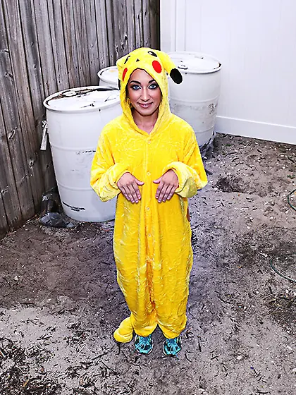Brunette dressed pikachu drilled