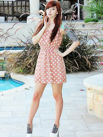 Perky redhead with creamy skin Ivy Jean removes her dress and li