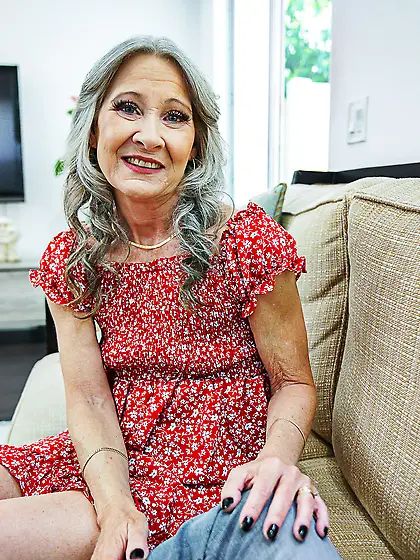 Small-tit granny Leilani Lei blows and rides young dude in POV