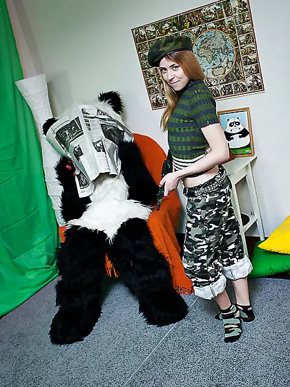 Panda toy is going to enjoy some punishing sex with a hot gal