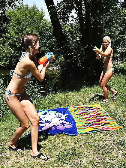 Lesbian hottie Lola Myluv plays with Silvie Luca by the lake bef