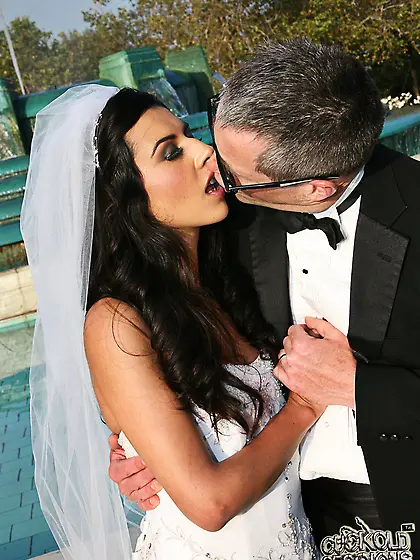 Busty brunette bride fucks a black man with her cuckold watching