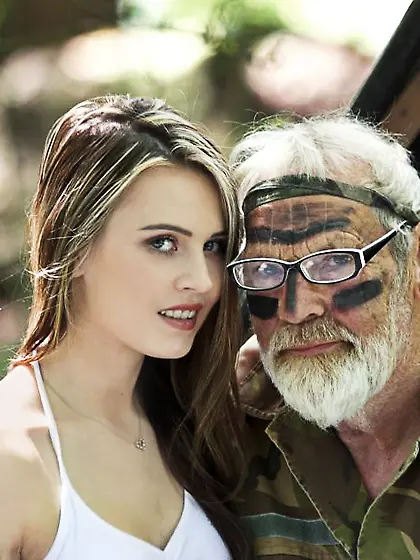 Veteran licks and smashes young slut outdoors