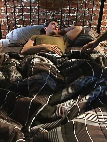 Blindfolded roped stud cock