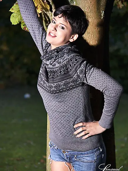 Coco de Mal goes topless in denim shorts in the woods