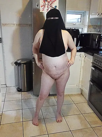 Naked in Niqab and white Knee Boots