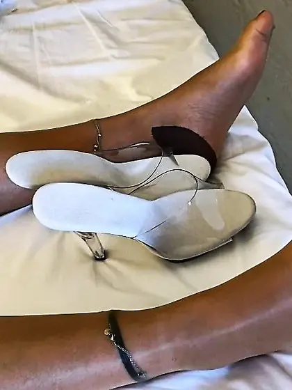 Nylons,  clear heels and cum on shoes