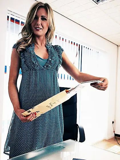 Lovely blond in high socks doffs clothes to flaunt her tempting