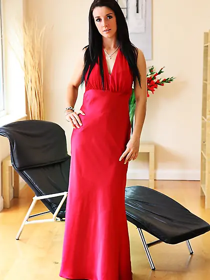 Elegant Sarah B in black stockings pulls off her long red dress