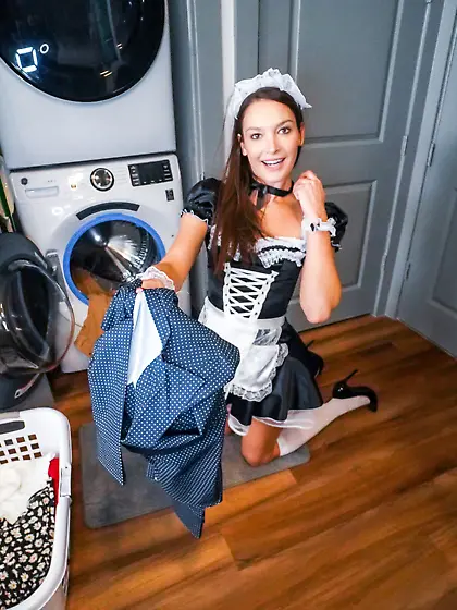 Saucy maid in white stockings gets pounded in POV