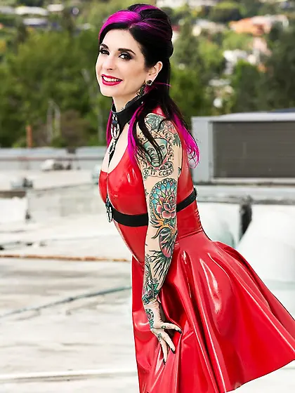 Whore with pink locks in a red vinyl dress goes outdoors for a n