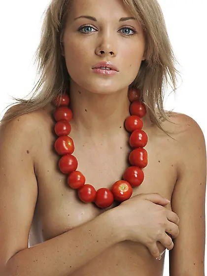 Sybille A plays with her yummy boobs and with two big water melo