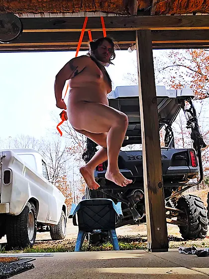 Chubby naked male hangs himself short drop suicide