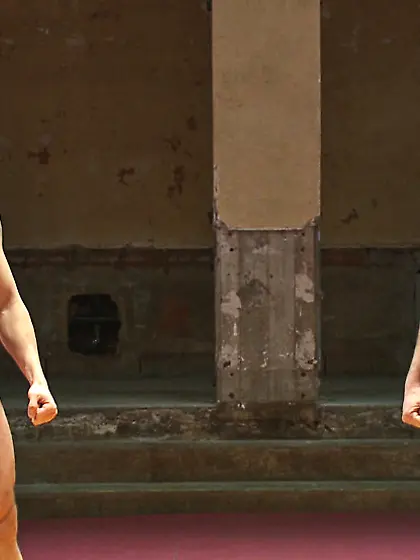 Built guys wrestle strip