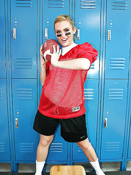 Female football player prepares for game by posing naked in lock