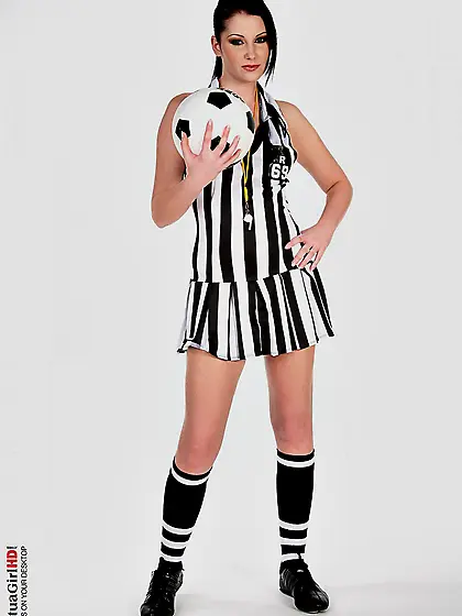 Brunette girl Belicia is stripping and posing with the ball betw