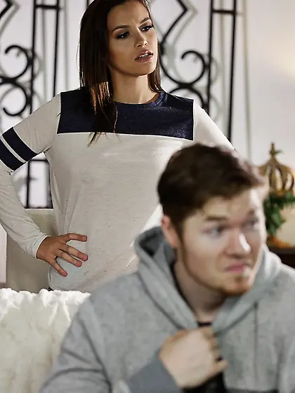 Obedient man sits and watches how his girlfriend gets drilled by