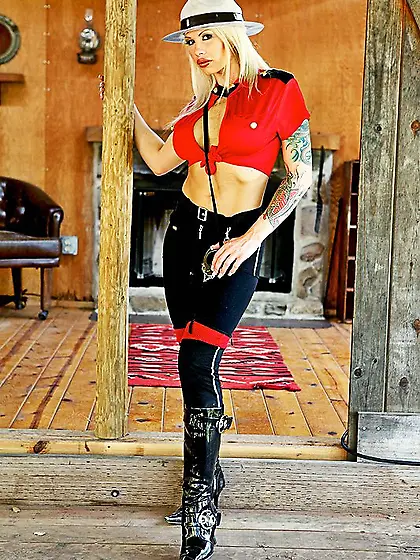 Big racked blonde MILF Brooke Haven in red and black uniform has