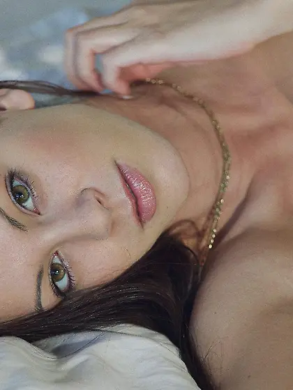 Naked alluring brunette Talia Shepard touches her smooth snatch