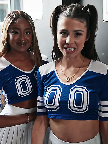 Young cheerleaders Kylie Rocket and Destiny Mira get fucked in t