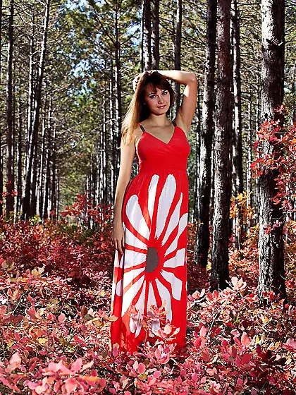 Sweet babe Julia Bea removes her robe in the woods and shows off