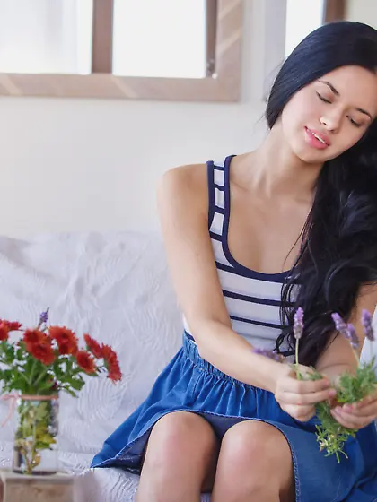 Stunning young brunette takes off her naval-themed get-up on cam