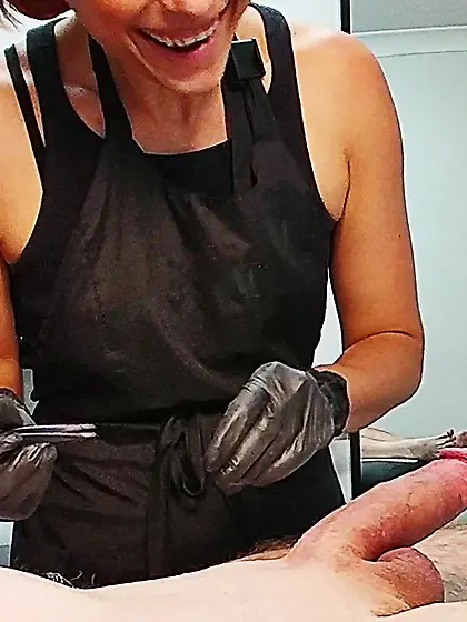 Waxing erection - CFNM.  Happy waxer! 1