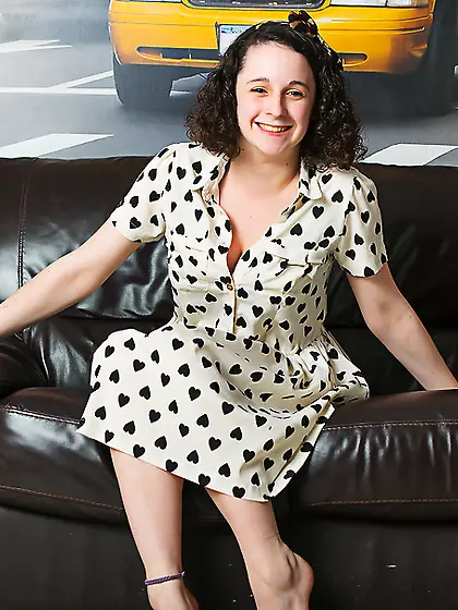 Brunette couch takes printed