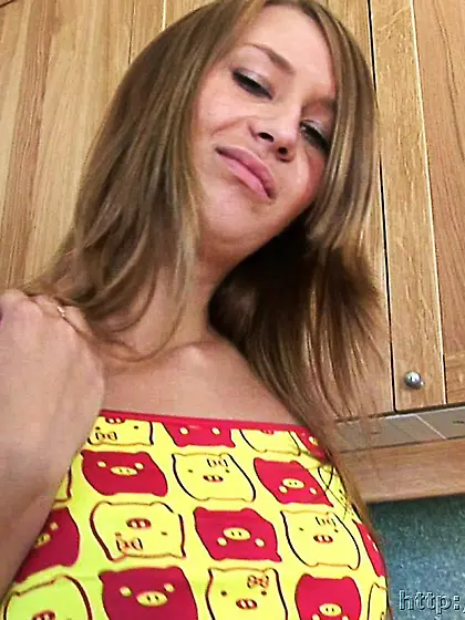 Russian teen blonde fingering shaved pussy in the kitchen