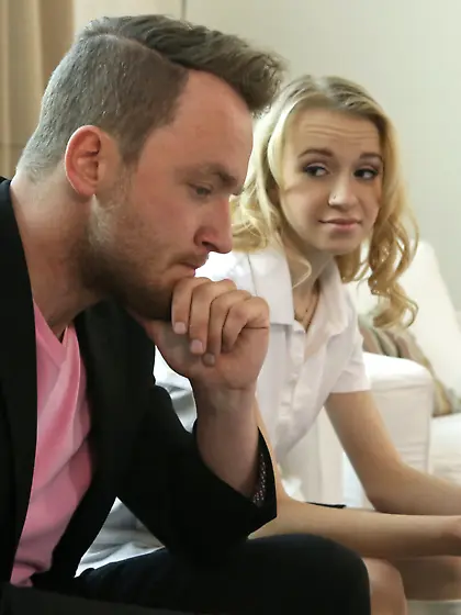 Innocent blonde teen in all white sucking cock and getting fucke