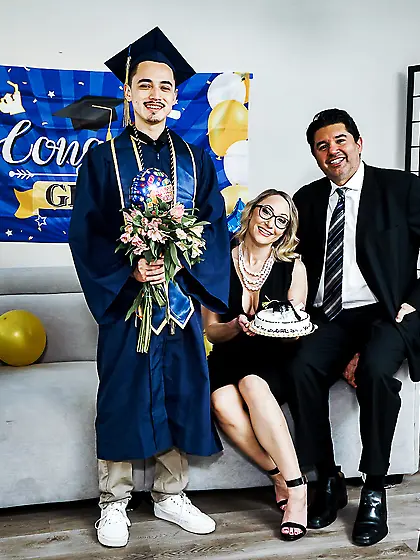 Insatiable mature with glasses fucks her stepson after his gradu