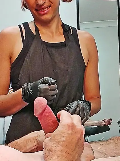 Waxing erection - CFNM.  Happy waxer! 2