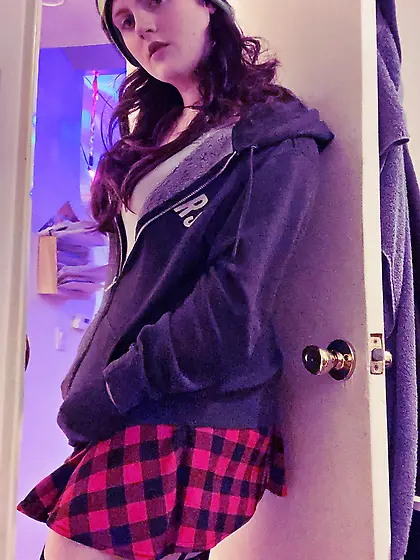 Cute Trans Girl in Plaid Skirt and Lingerie
