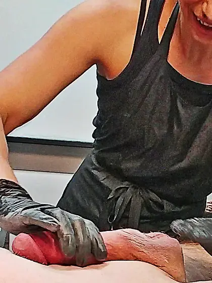 Waxing erection - CFNM.  Happy waxer! 1