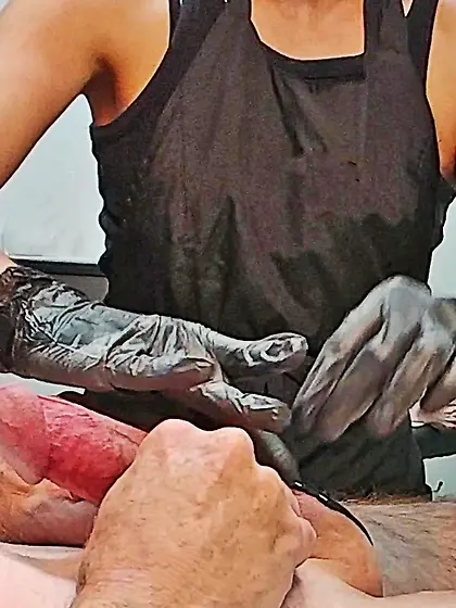 Waxing erection - CFNM.  Happy waxer! 1