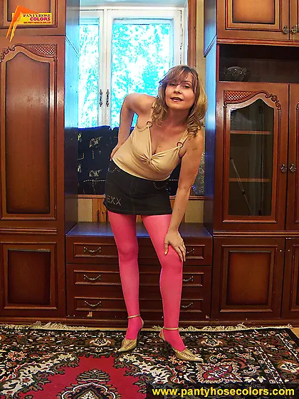 Magenta pantyhose on blonde MILF