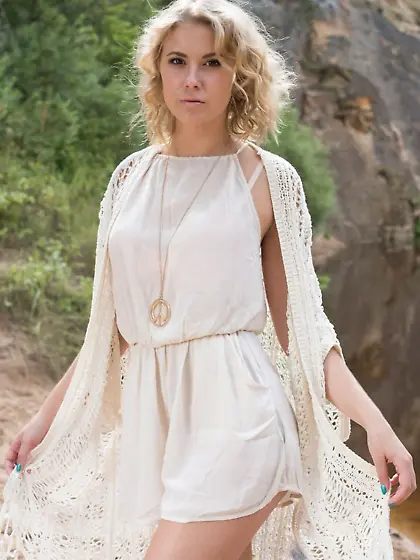 Fresh-faced teen with small breasts posing naked on the beach Vi