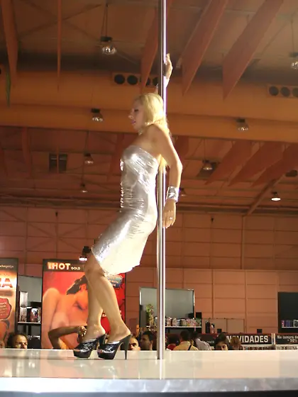 Blonde chick dancing striptease