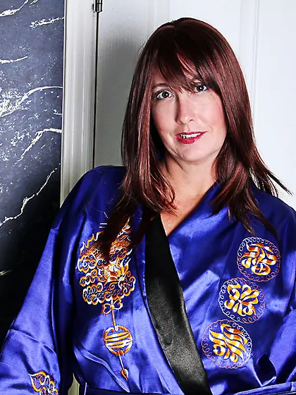 Mature redhead bathrobe fingers