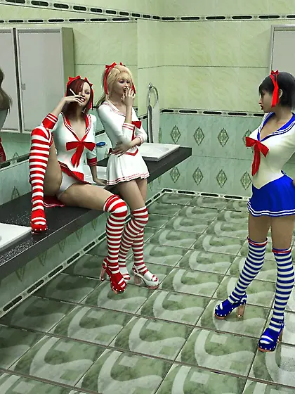 Shemale Schoolgirls Screwing in the Bathroom