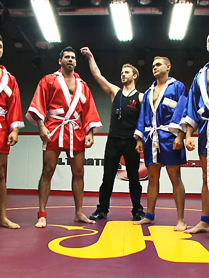 Nude male studs wrestle