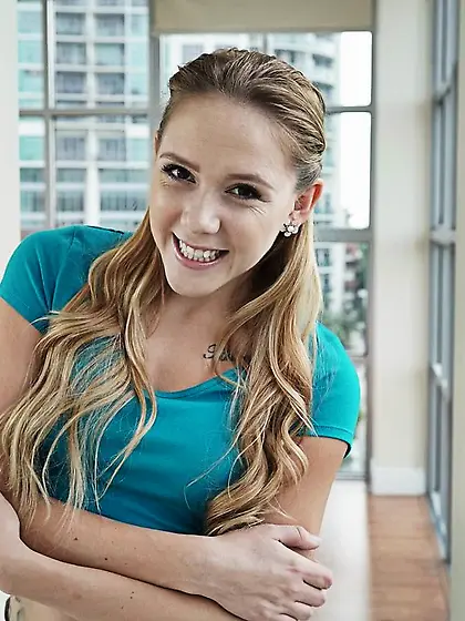 Perky, tiny blonde shows her tits and gets fucked by a chubby ol