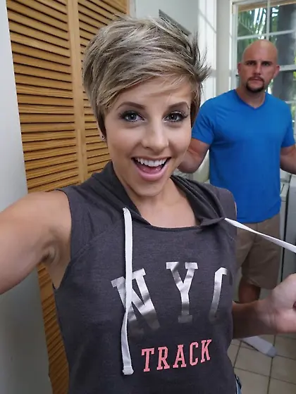 Short-haired teen gets banged next to a washer, she's reall