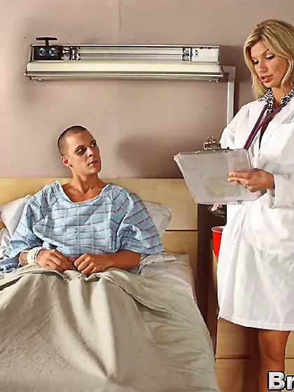 Busty doctor Kendall Brooks with long legs and shaved pussy fuck