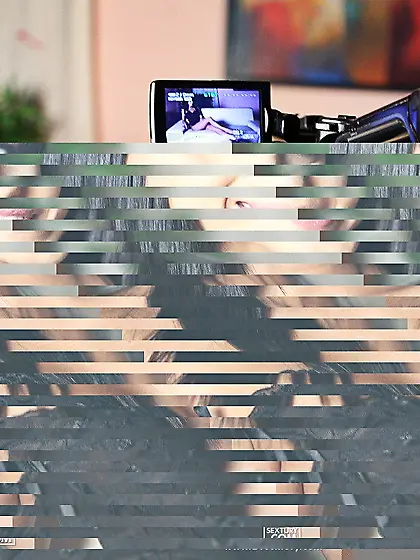 Beautiful brunette Sasha Kiss in chic black lingerie plays with