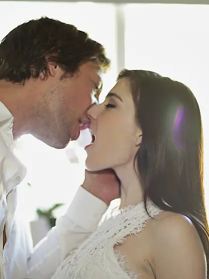 Petite babe sucks lover's immense dick and gets her pussy stretc