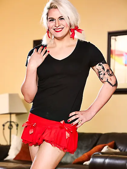 Tattoed blonde shemale striped