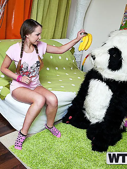 Albina hardcore fucked and facialed by guy in panda suit
